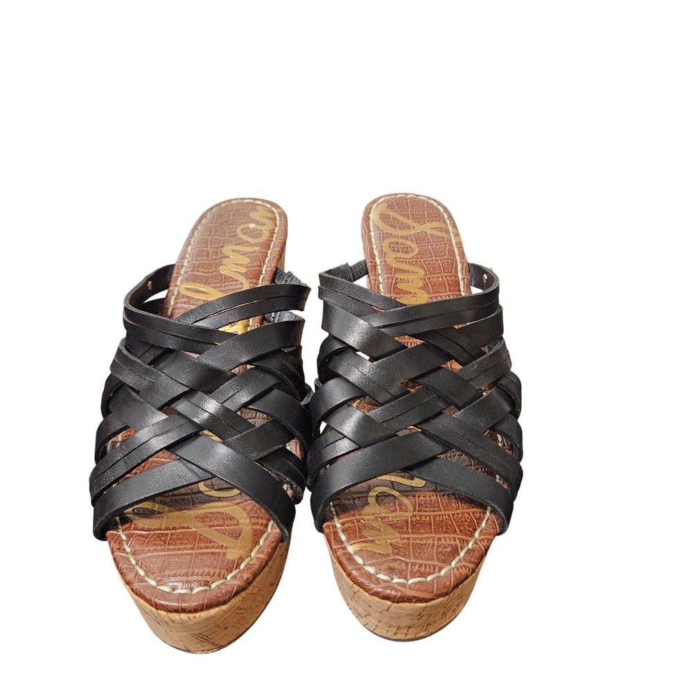 Sam Edelman Black Leather Strappy Cork‎ Wedge Platform Sandals Womens 8